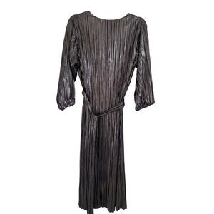Zara Metallic Bronze MicroPleated Low Back Midi‎ Dress Tie Long Sleeve Womens M